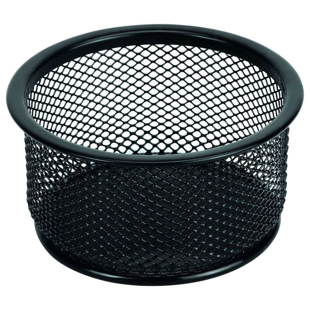 Elegant black Esselte mesh paper clip holder, crafted from sturdy steel, perfect for organizing desk accessories.