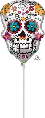 Colorful mini sugar skull foil balloon, perfect for Day of the Dead and Halloween celebrations, adding vibrant charm to any event.