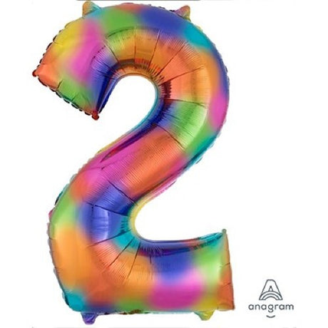 Vibrant 86cm Rainbow Splash foil balloon shaped like numeral 2, perfect for birthdays and celebrations.