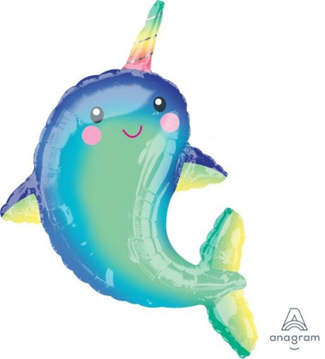 Colorful supershape foil balloon of a joyful narwhal, measuring 73cm x 99cm, perfect for celebrations.