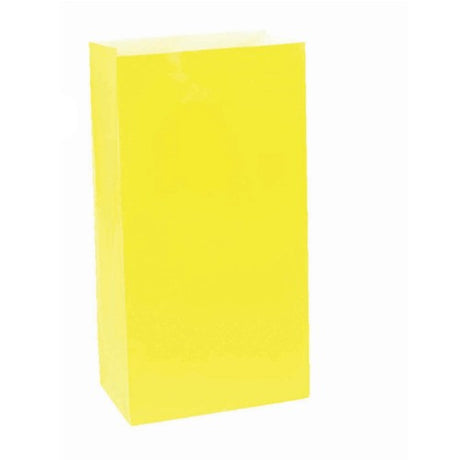 Vibrant yellow large paper bags, 10" x 5", pack of 12, perfect for gifts and special occasions.