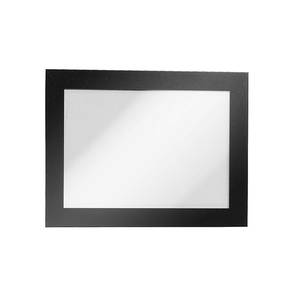 Durable Durafrm A6 sign holder in black, self-adhesive, double-sided, ideal for professional document displays in any setting.