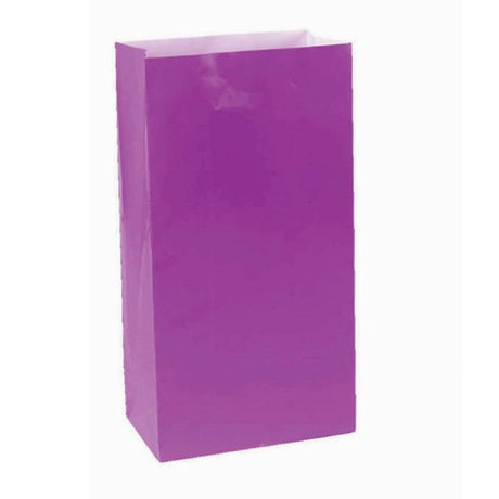 Pack of 12 large purple paper bags with sturdy handles, perfect for gifting and shopping needs.