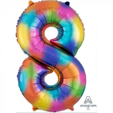 Colorful 86cm Rainbow Splash numeral 8 foil balloon for birthdays and celebrations, featuring a self-sealing design.
