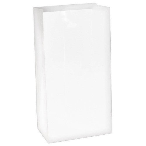 Pack of 12 large white paper bags, 10" x 5", eco-friendly for gifts and retail use. Durable with sturdy handles.