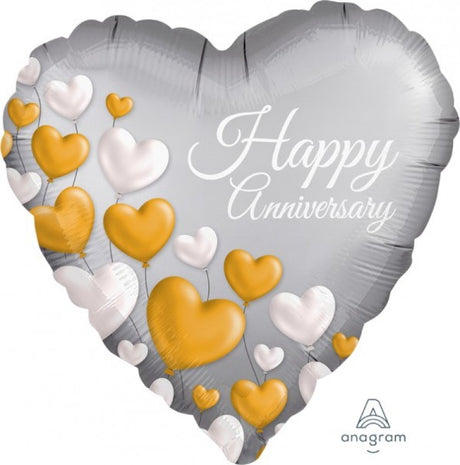 45cm self-sealing foil balloon featuring satin platinum hearts for anniversary celebrations.