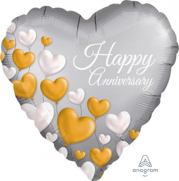 45cm self-sealing foil balloon featuring satin platinum hearts for anniversary celebrations.