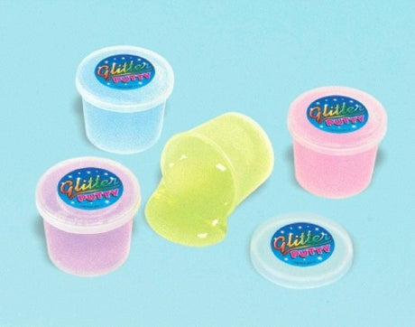 Colorful glitter putty pack with 12 units for party favors, encouraging creativity and tactile play for children.