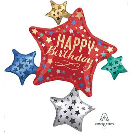 Colorful satin star cluster balloon, 81cm x 88cm, perfect for celebrating birthdays.