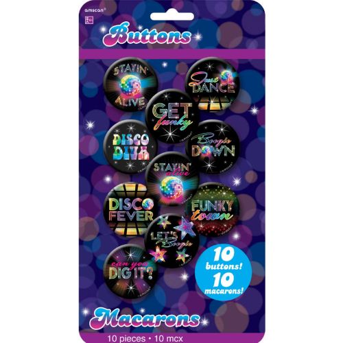A pack of 10 colorful 4cm disco-themed button badges perfect for parties and expressing retro style.