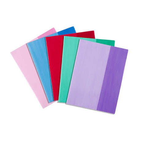 Pack of 25 tinted book sleeves in various colors for 9x7 inch books, offering durability and protection for students.