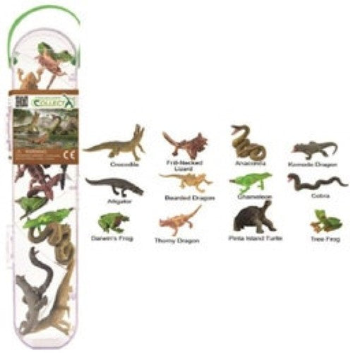 CollectA Tube featuring 12 hand-painted miniature reptiles and amphibians in clear packaging, perfect for young explorers.