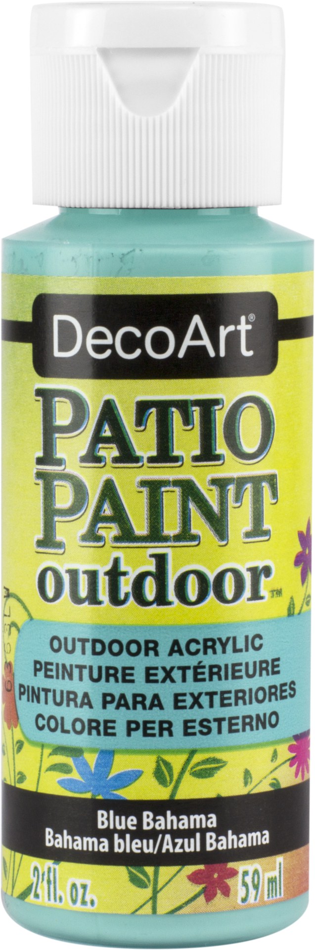 2oz Blue Bahama Patio Paint, ideal for outdoor surfaces with a satin finish, scuff-resistance, and vibrant tropical color.