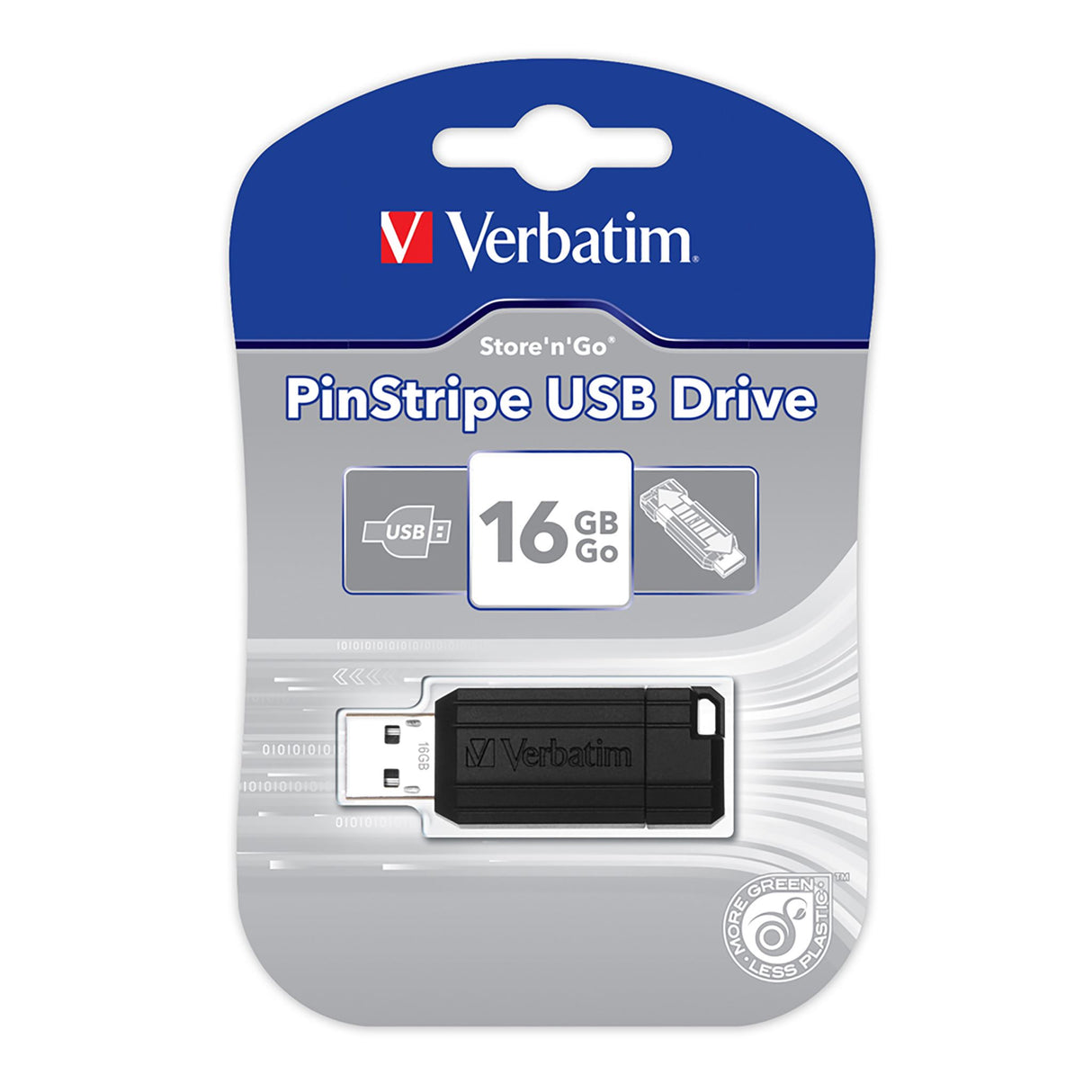 Verbatim 16GB USB drive in sleek pinstripe black with sliding mechanism for data protection and portability.