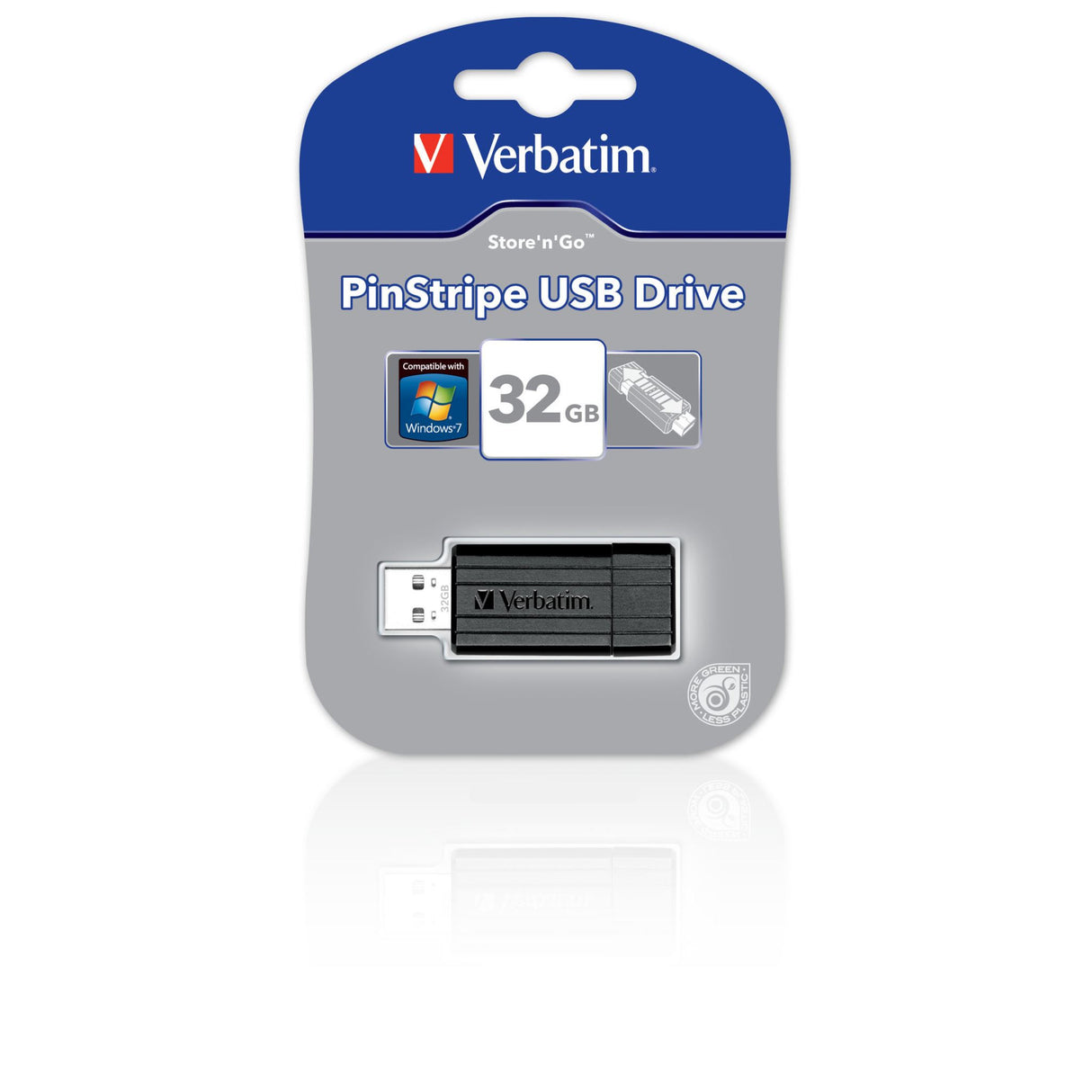 VBM STORE'N'GO P/STRP USB drive in sleek black pinstripe design, 32GB capacity, features a push-pull mechanism for protection.