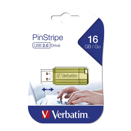 Verbatim 16GB Pinstripe USB Drive in green, featuring a retractable design and ample storage for files and documents.