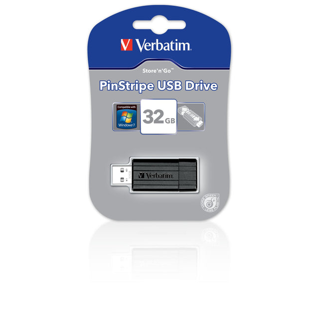 VERBATIM 128GB USB flash drive with stylish pinstripe design, slide feature, high speeds, and lanyard attachment.