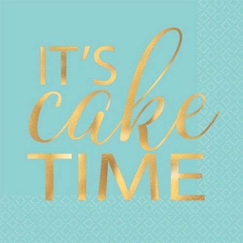 Pack of 16 'Let's Eat Cake' hot-stamped beverage napkins, perfect for festive celebrations and dessert-themed events.