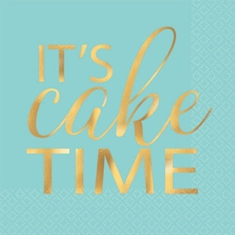 Pack of 16 'Let's Eat Cake' hot-stamped beverage napkins, perfect for festive celebrations and dessert-themed events.