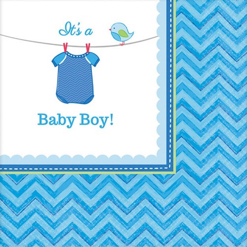 Charming 'Shower With Love' beverage napkins for boy baby showers, pack of 16, 25cm x 25cm, stylish and durable.