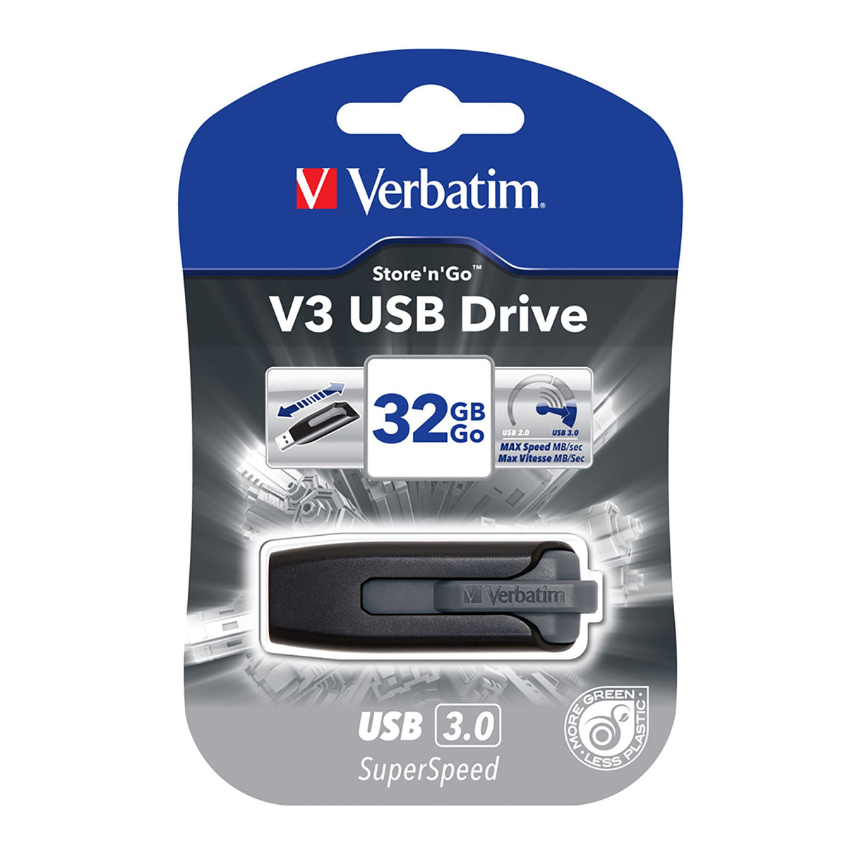 Verbatim 32GB USB 3.0 drive in grey with retractable design for fast and secure data storage and transfer.