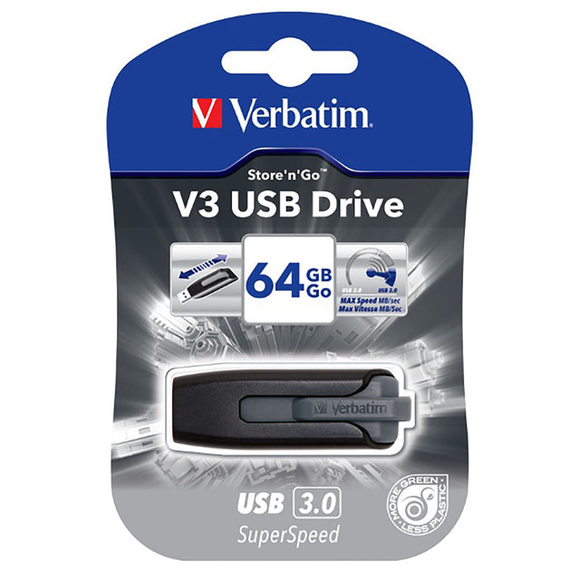 VERBATIM STORE AND GO portable hard drive in black, 64GB capacity with retractable USB 3.0 connector for fast data transfer.