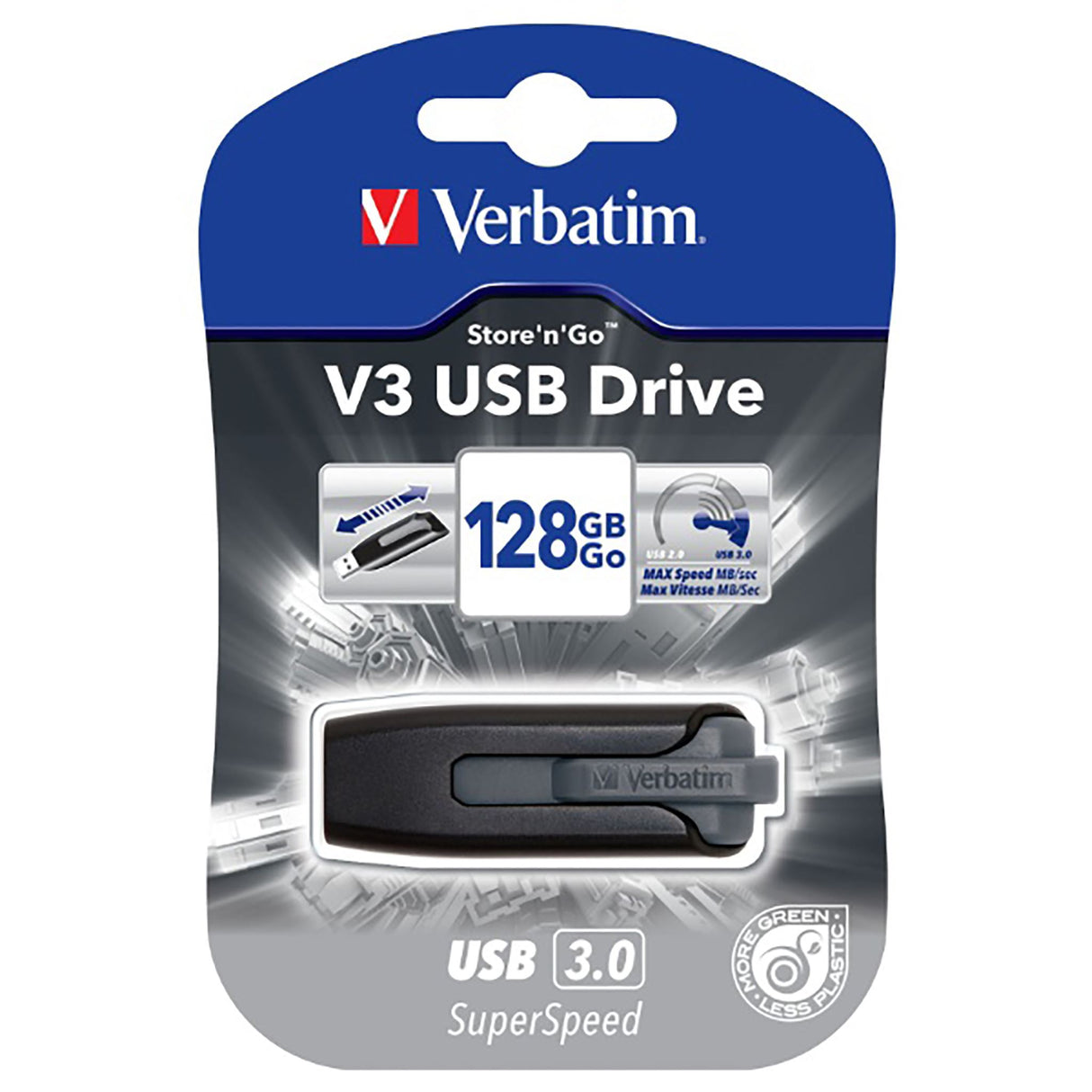 VERBATIM USB 3.0 Hard Drive Store and Go 128GB in grey, featuring retractable design and fast data transfer speeds.