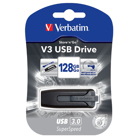 VERBATIM USB 3.0 Hard Drive Store and Go 128GB in grey, featuring retractable design and fast data transfer speeds.