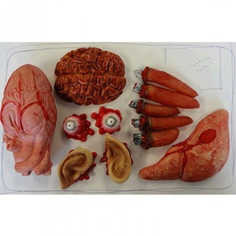 Realistic plastic meat props in a Halloween pack, perfect for spooky decorations and themed parties.
