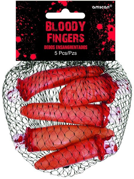Pack of 5 realistic plastic bloody fingers, perfect for creating a spooky Halloween atmosphere.