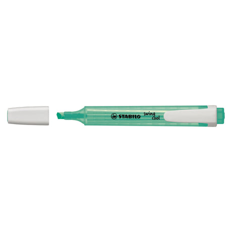 Stabilo Swing Cool Highlighter set in turquoise, includes 10 highlighters with non-slip grip and anti-dry-out technology.