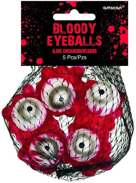 Pack of 5 realistic plastic bloody eyeballs for eerie Halloween decor and spooky displays.