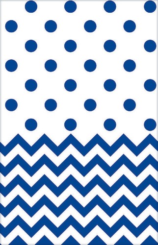 Bright royal blue chevron plastic tablecover, 54" x 102", perfect for enhancing party decor and easy cleanup.