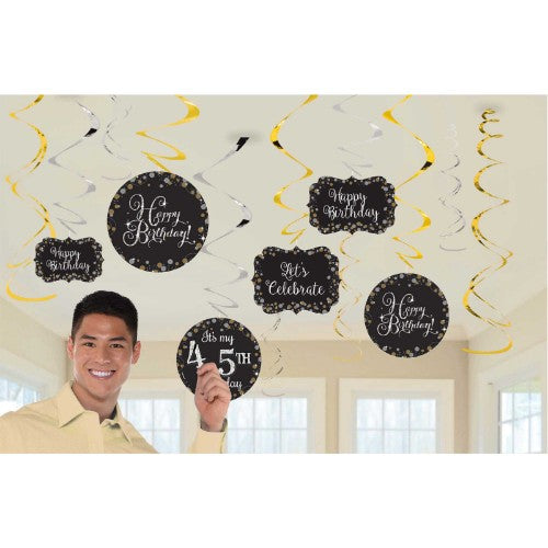 Pack of 12 hanging swirl decorations with cutouts and stickers, perfect for adding sparkle to any birthday celebration.