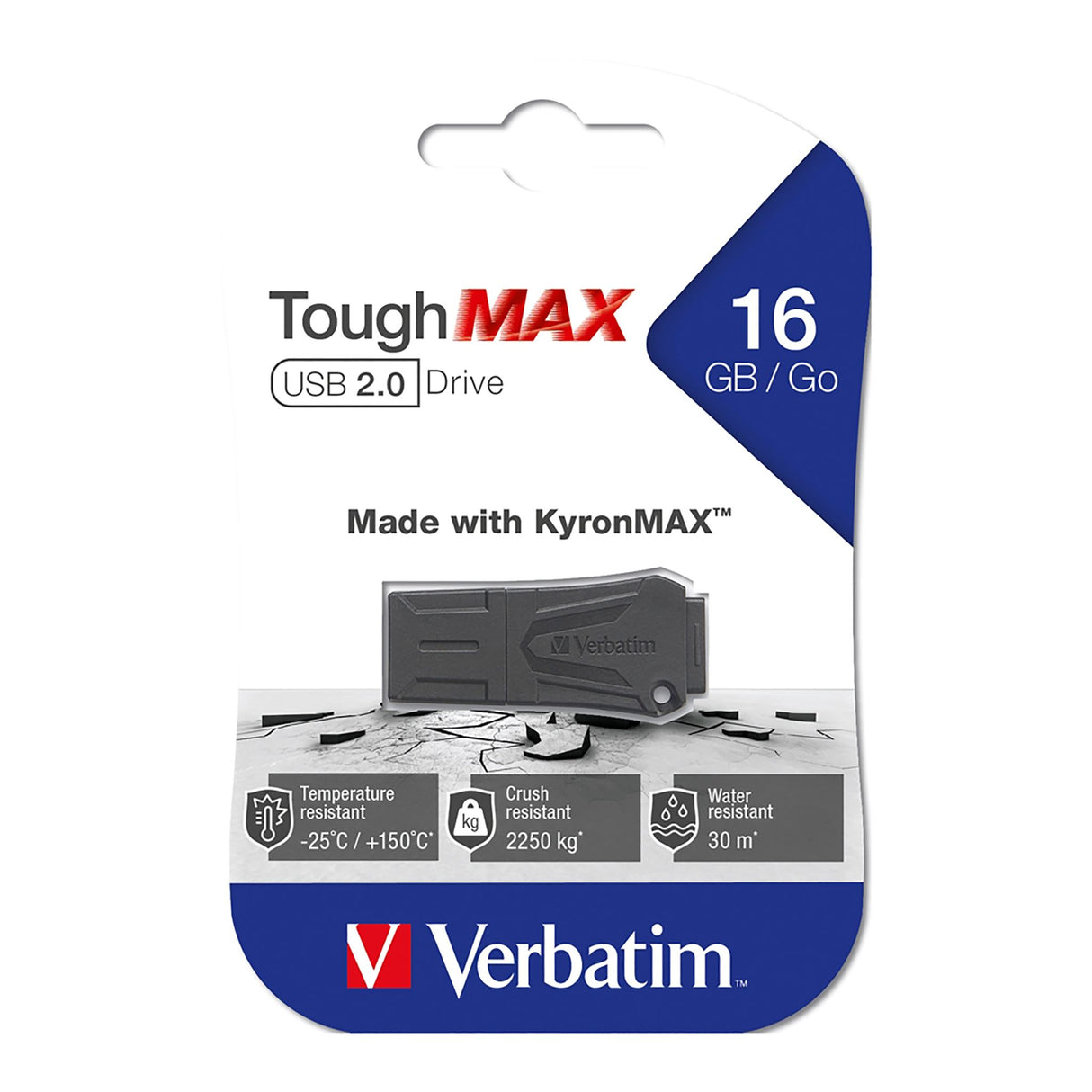 VERBATIM TOUGHMAX USB 2.0 Drive 16GB, crush and water-resistant with durable design for extreme conditions.