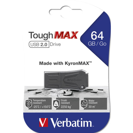 Rugged VERBATIM TOUGHMAX USB 2.0 Drive 64GB, crush-resistant, water-resistant, and temperature-resistant for extreme durability.