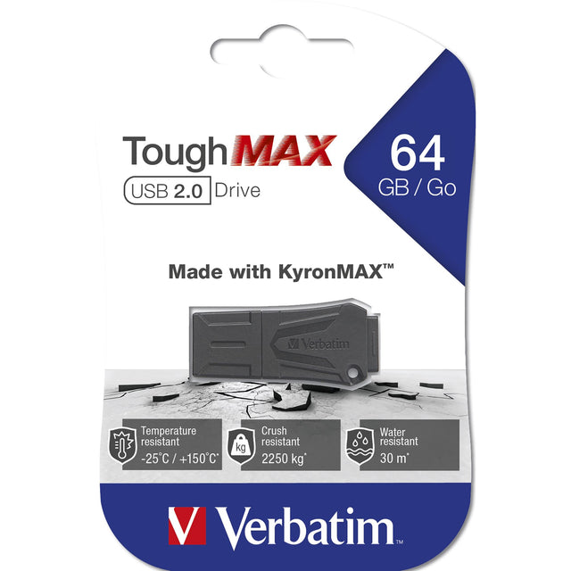Rugged VERBATIM TOUGHMAX USB 2.0 Drive 64GB, crush-resistant, water-resistant, and temperature-resistant for extreme durability.