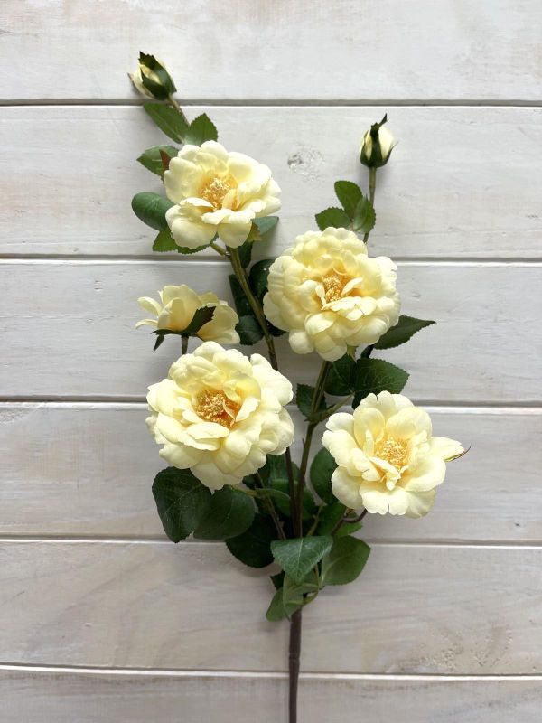 Artificial Flower Spray - Camilia w 5 Flowers & 2 Buds (Soft Yellow)