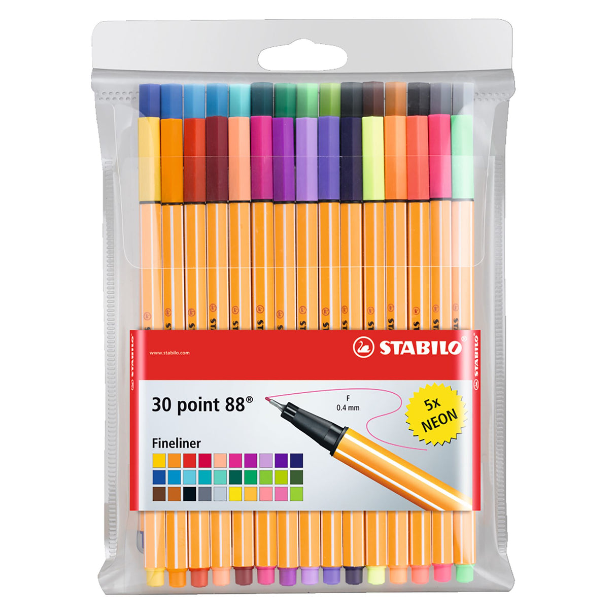 Stabilo Point 88 Fineline Pen Wallet with 30 colors, featuring 0.4mm tip, ideal for precise writing and creativity.