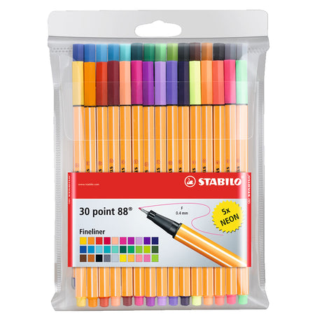 Stabilo Point 88 Fineline Pen Wallet with 30 colors, featuring 0.4mm tip, ideal for precise writing and creativity.