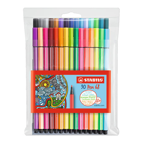 Stabilo Pen 68 Fibre Tip Pen set with 30 vibrant colors, 1mm line width, perfect for artists and safe for indoor use.