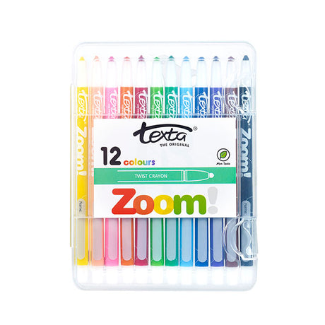 Pack of 10 Texta Zoom Wallet 12 Hard Cases for organized, secure crayon storage with vibrant colors and break-resistant design.