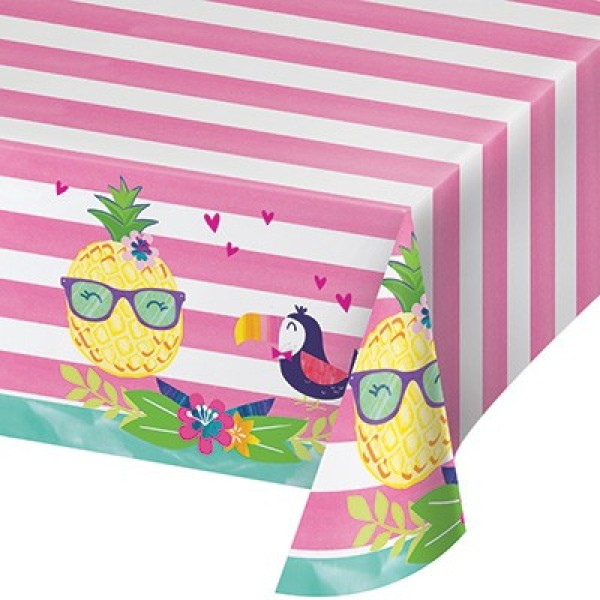 Vibrant plastic tablecover featuring playful pineapple designs for summer parties and celebrations.