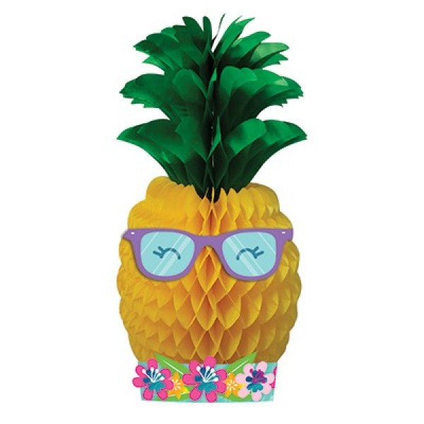 Vibrant pineapple honeycomb centerpiece with foil accents, perfect for tropical-themed parties and summer decor, measuring 14cm x 51cm.