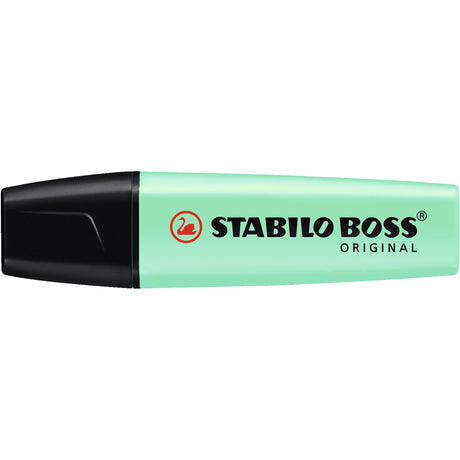 Set of 10 Stabilo Boss Pastel Highlighters in Hint Of Mint for vibrant note-taking with chisel tips and water-based ink.