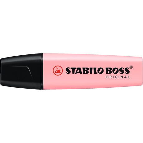Ten Stabilo Boss Highlighters in pastel pink blush, featuring a chisel tip for varied line widths and water-based ink.