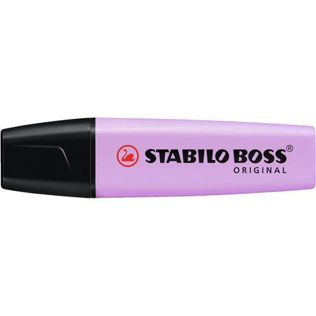Set of 10 Stabilo Boss pastel highlighters in lilac hue, featuring chisel tips for versatile highlighting and smooth application.