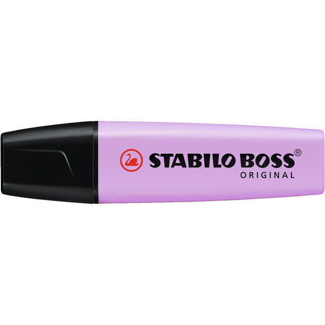 Set of 10 Stabilo Boss pastel highlighters in lilac hue, featuring chisel tips for versatile highlighting and smooth application.