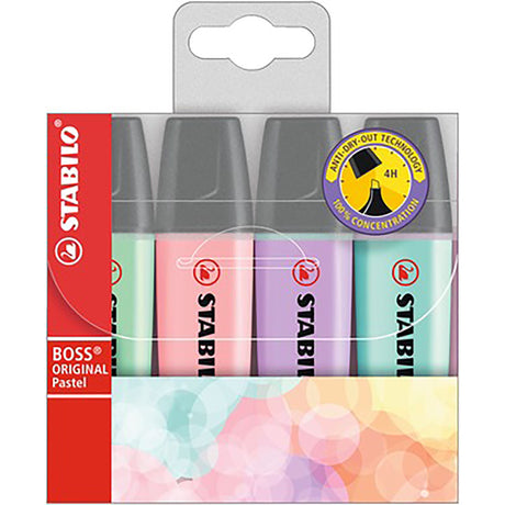 Stabilo Boss Highlighter Pastel Wallet 4 in six pastel colors, featuring chisel tips for versatile highlighting and 4-hour cap-off time.