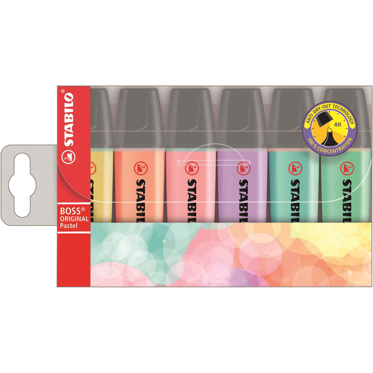 Stabilo Boss Highlighter Pastel Wallet 6 with 6 soft pastel colors, water-based ink, and versatile chisel tip for easy highlighting.